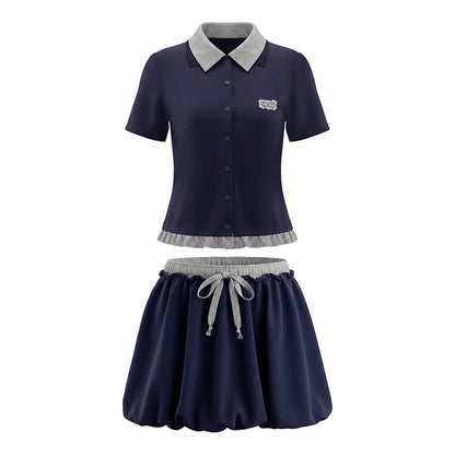 16DEWS 16D26272&amp;16D26273 Plaid Spliced Puff Sleeve Waisted Short-Sleeve Top +Skirt