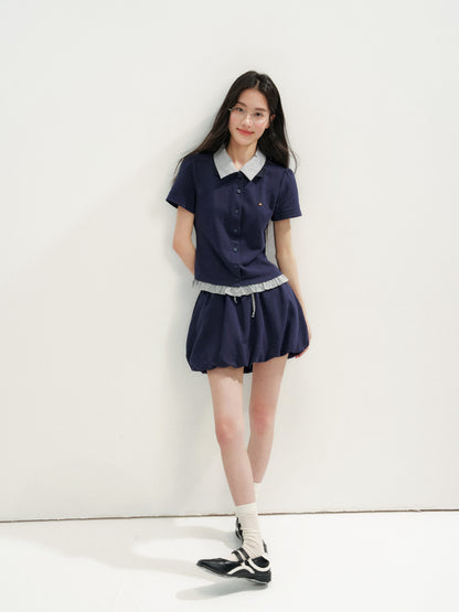 16DEWS 16D26272&amp;16D26273 Plaid Spliced Puff Sleeve Waisted Short-Sleeve Top +Skirt
