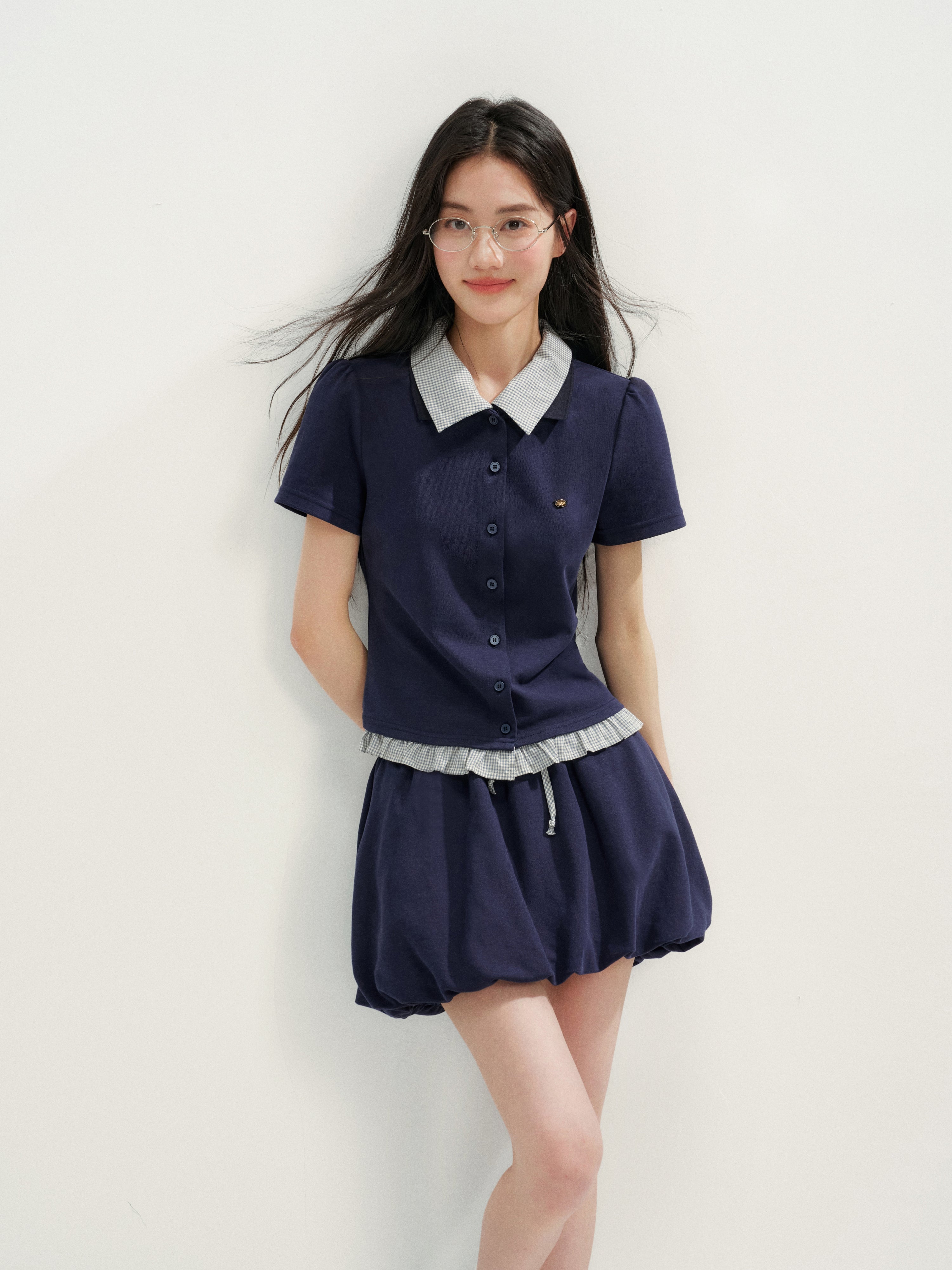 16DEWS 16D26272&amp;16D26273 Plaid Spliced Puff Sleeve Waisted Short-Sleeve Top +Skirt