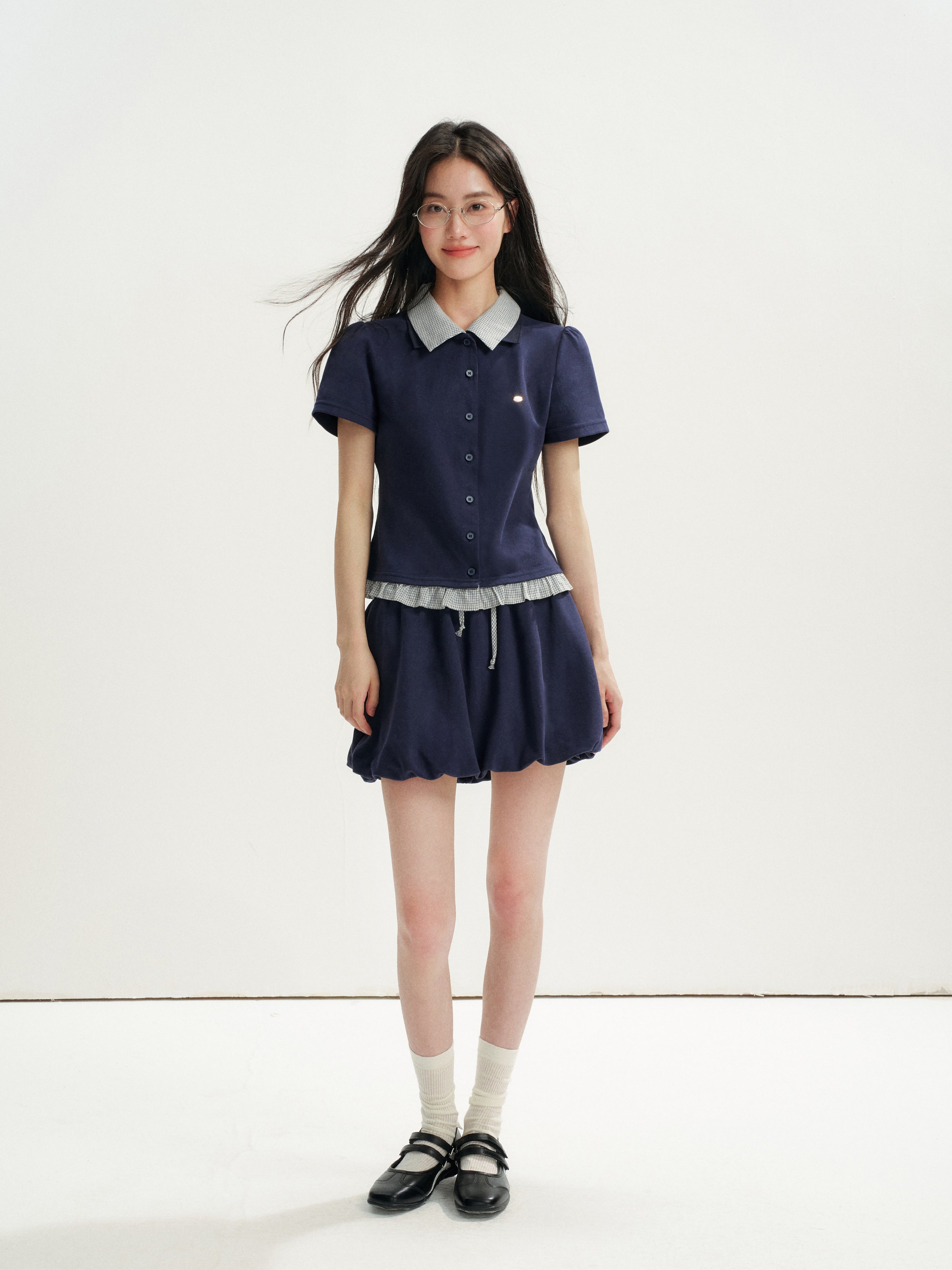 16DEWS 16D26272&amp;16D26273 Plaid Spliced Puff Sleeve Waisted Short-Sleeve Top +Skirt
