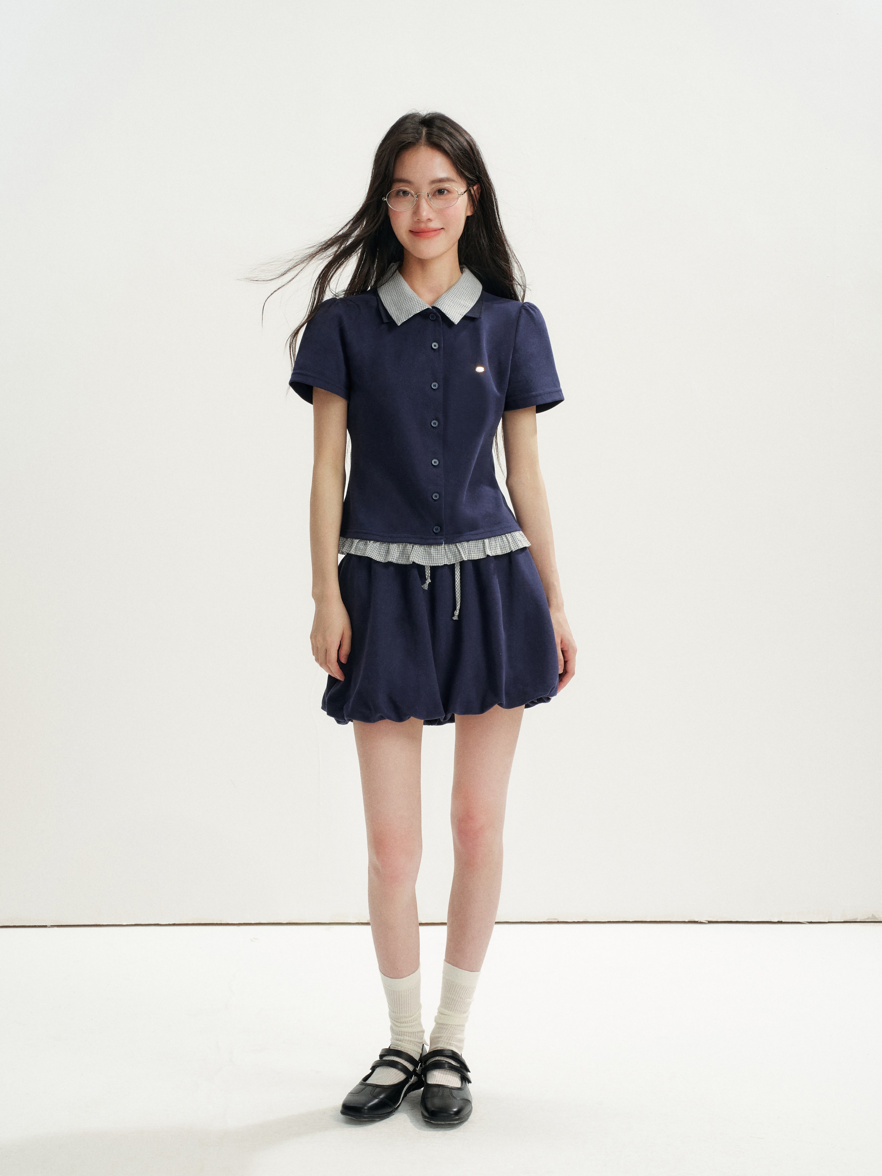 16DEWS 16D26272&amp;16D26273 Plaid Spliced Puff Sleeve Waisted Short-Sleeve Top +Skirt