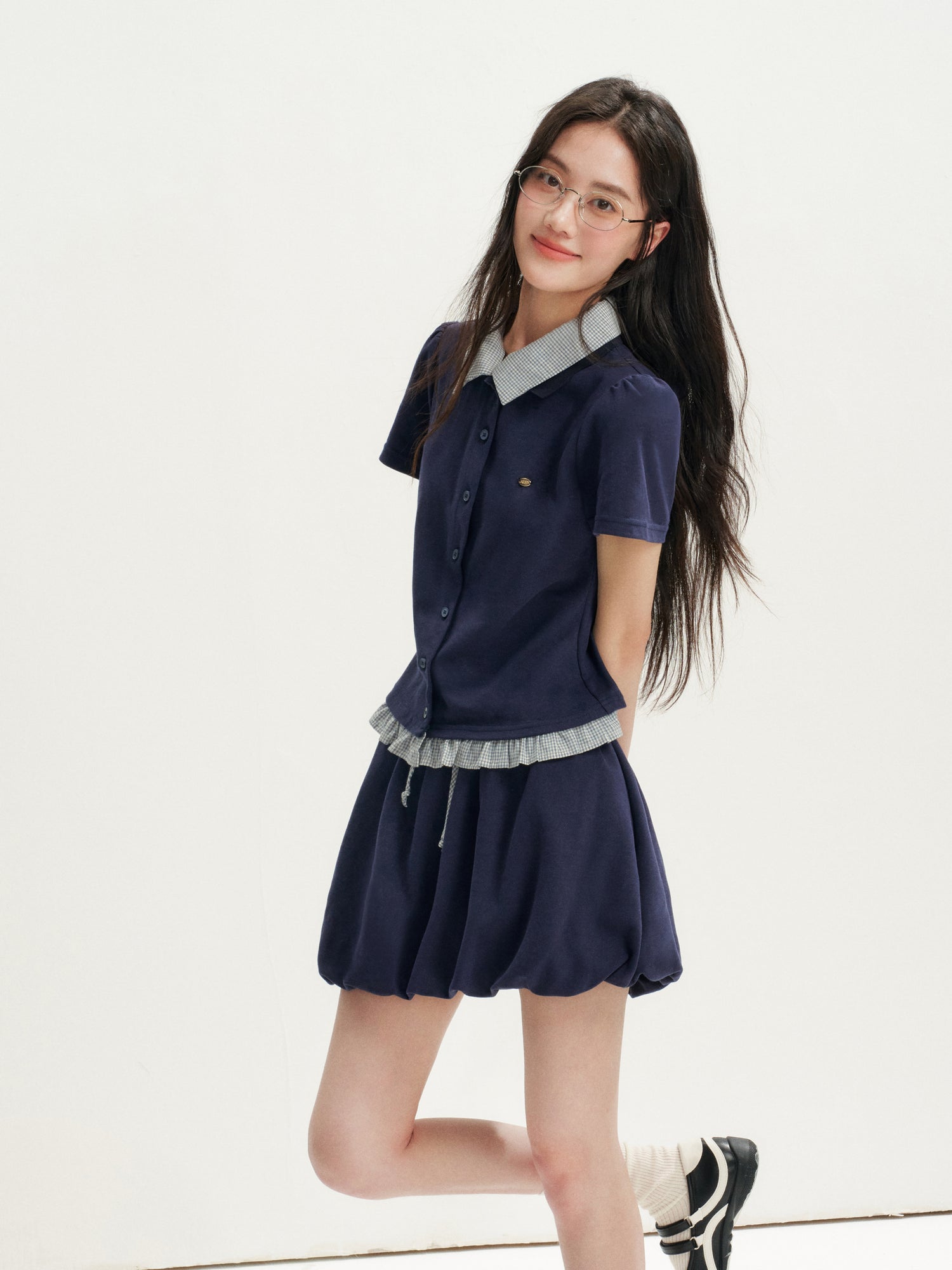 16DEWS 16D26272&amp;16D26273 Plaid Spliced Puff Sleeve Waisted Short-Sleeve Top +Skirt