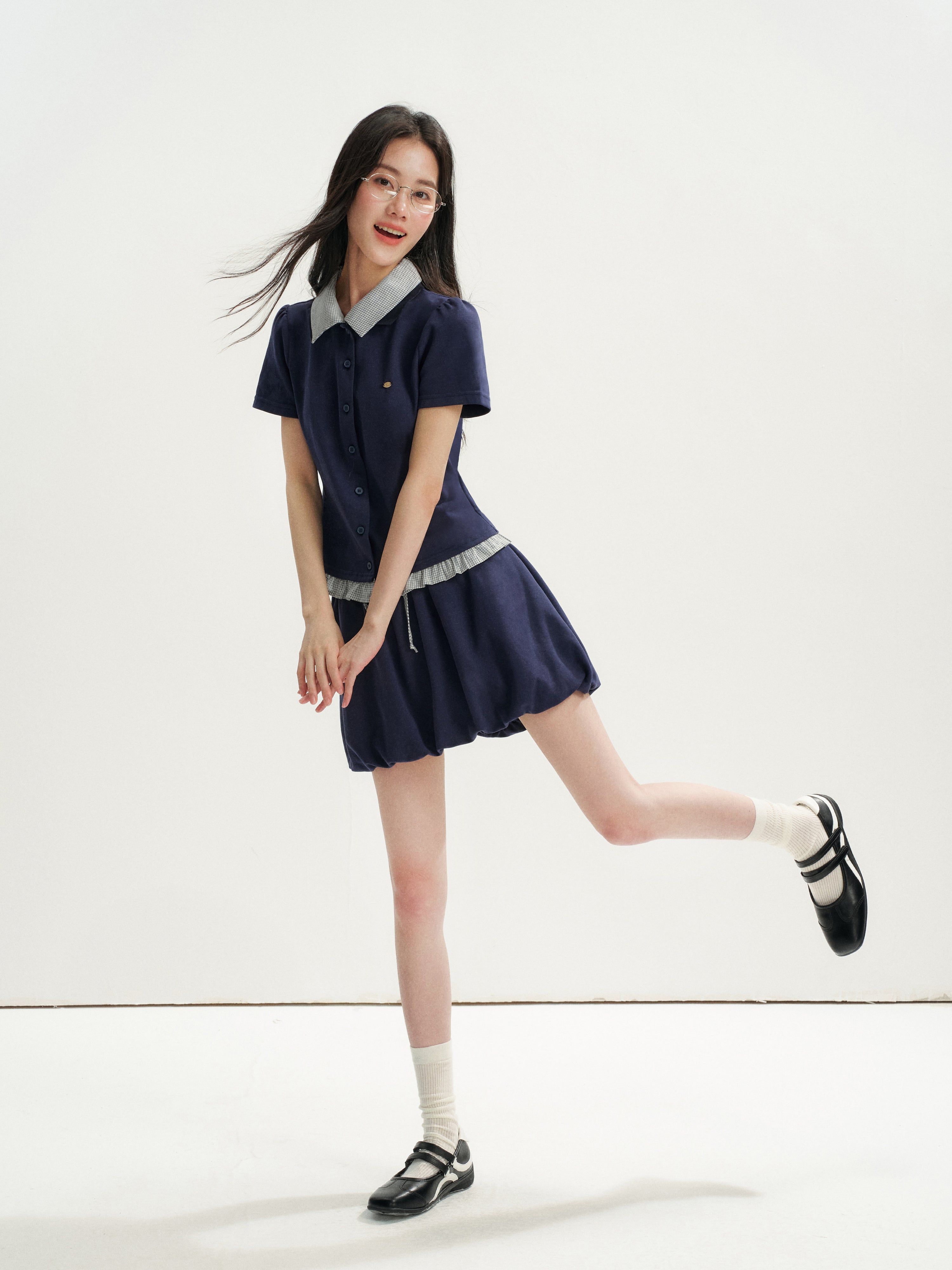 16DEWS 16D26272&amp;16D26273 Plaid Spliced Puff Sleeve Waisted Short-Sleeve Top +Skirt