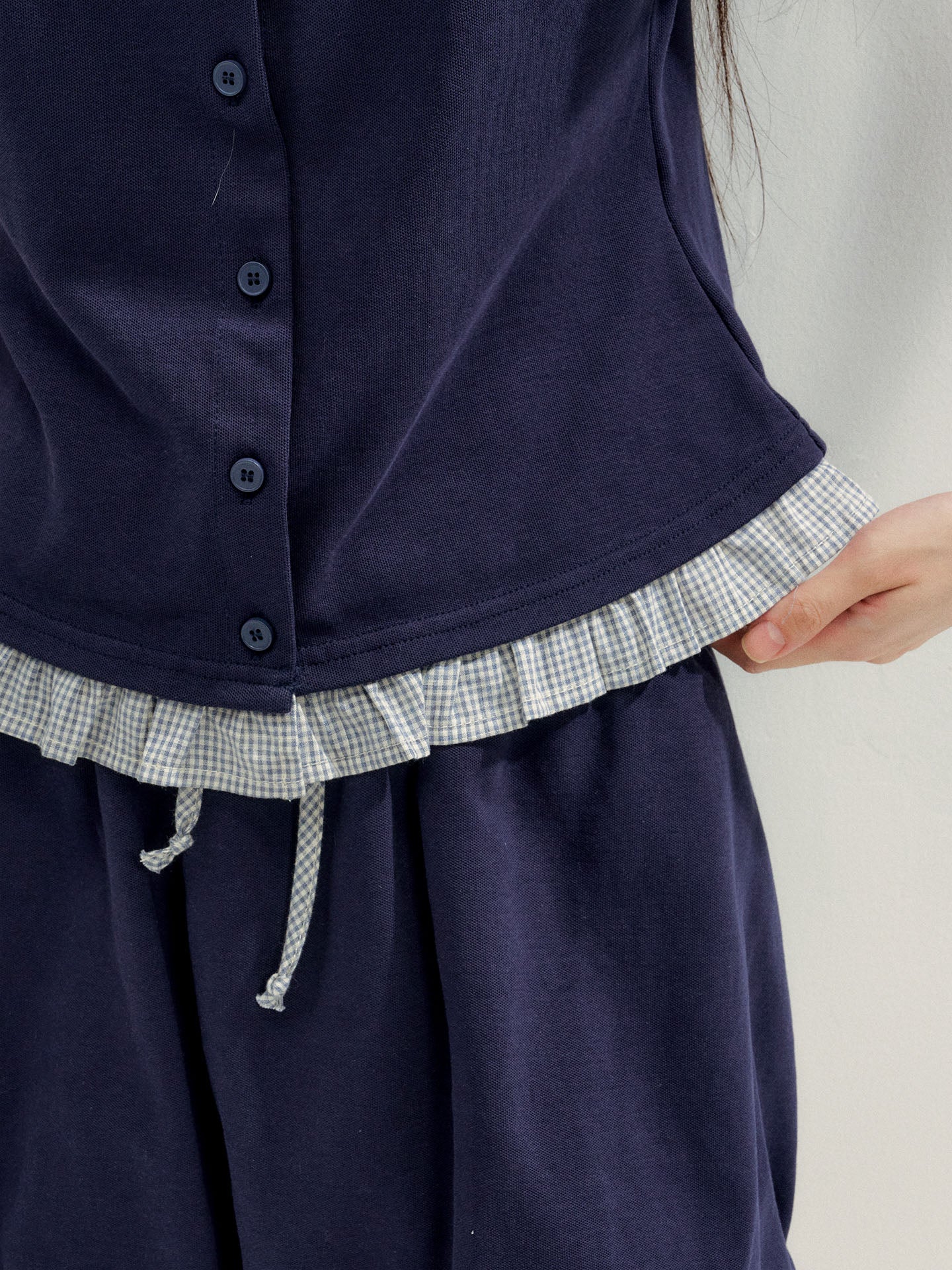16DEWS 16D26272&amp;16D26273 Plaid Spliced Puff Sleeve Waisted Short-Sleeve Top +Skirt