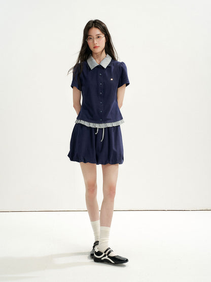 16DEWS 16D26272&amp;16D26273 Plaid Spliced Puff Sleeve Waisted Short-Sleeve Top +Skirt