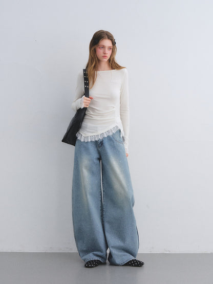 AsGony ASG25680 Irregular lace patchwork waistband bottom top