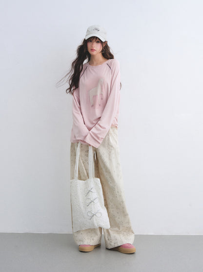 AsGony ASG26026 Tencel wool raglan sleeves with ponytail printed lace T-shirt