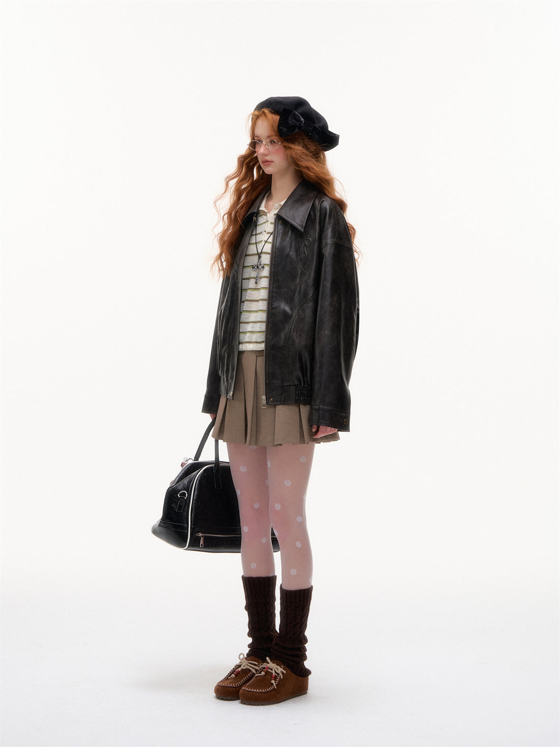 AsGony ASG25389 Bow collar loose jacket leather jacket