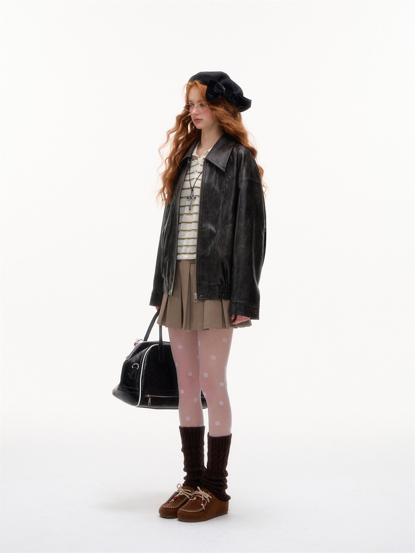 AsGony ASG25389 Bow collar loose jacket leather jacket
