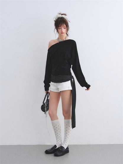 AsGony ASG26014 Slanted shoulder batfly sleeve striped strap hem top