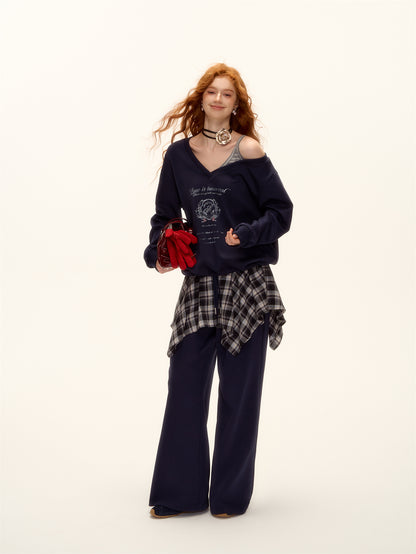 AsGony ASG25504&amp;ASG25505 Oversized striped patchwork printed sweatshirt + pants set