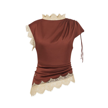 SHEERLUCK SLTZ26722 Serenada Lace Satin Two Piece Set-Mocha Brown