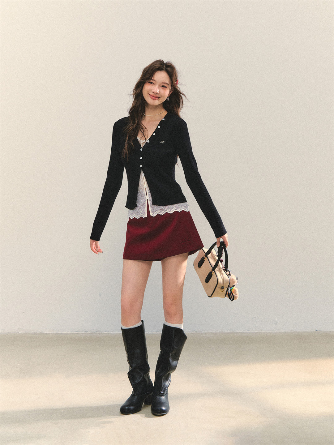 AsGony ASG25361 Lace strap fake two-piece knitted base top