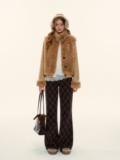 AsGony ASG25587 Environmentally friendly fur knitted stand up collar spliced jacket