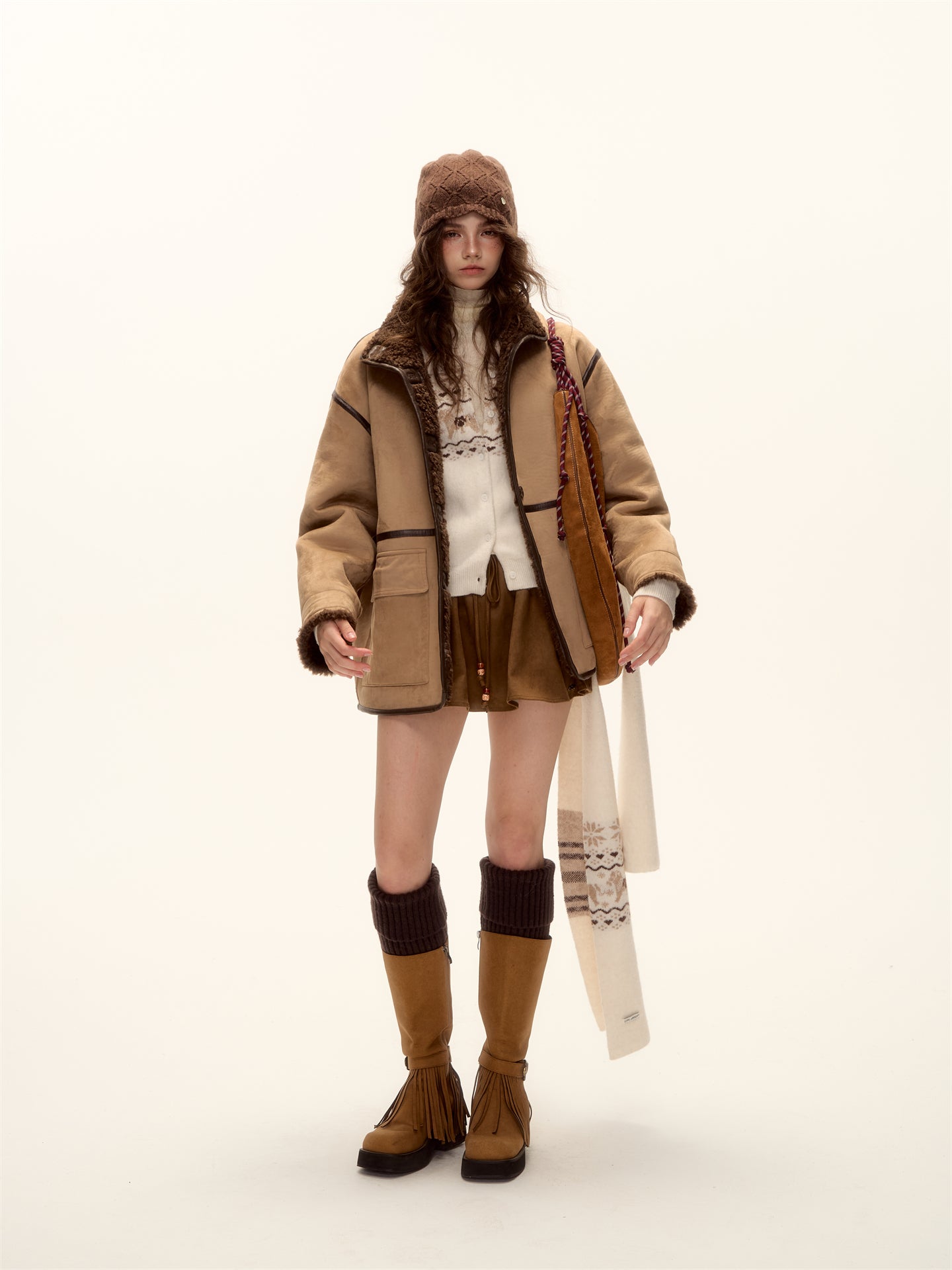 AsGony ASG25469 Double sided fur integrated suede lamb coat