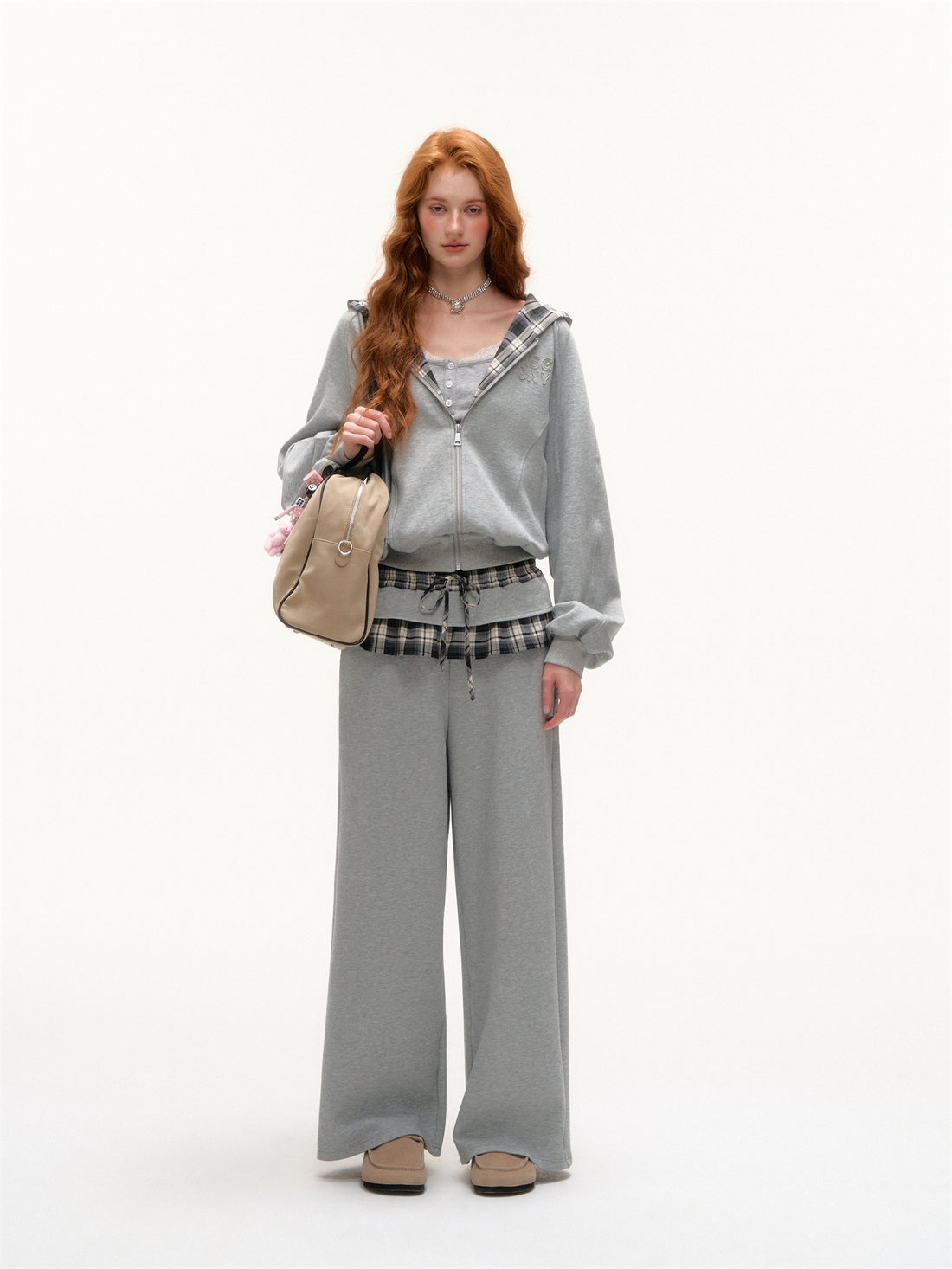 AsGony ASG25403&amp;ASG25404 Plaid patch embroidered hoodie + pants