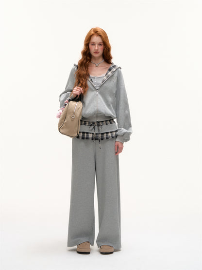 AsGony ASG25403&amp;ASG25404 Plaid patch embroidered hoodie + pants