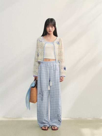 AsGony ASG25232 Ocean style printed lace up pants
