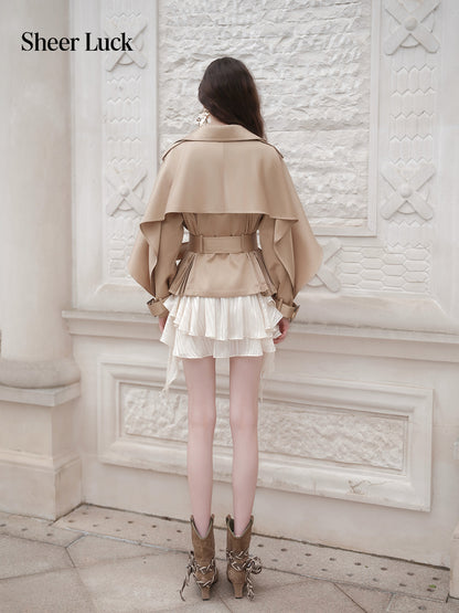SHEERLUCK SLFY26751 Hourglass Cape  Cropped Trench Coat-Khaki