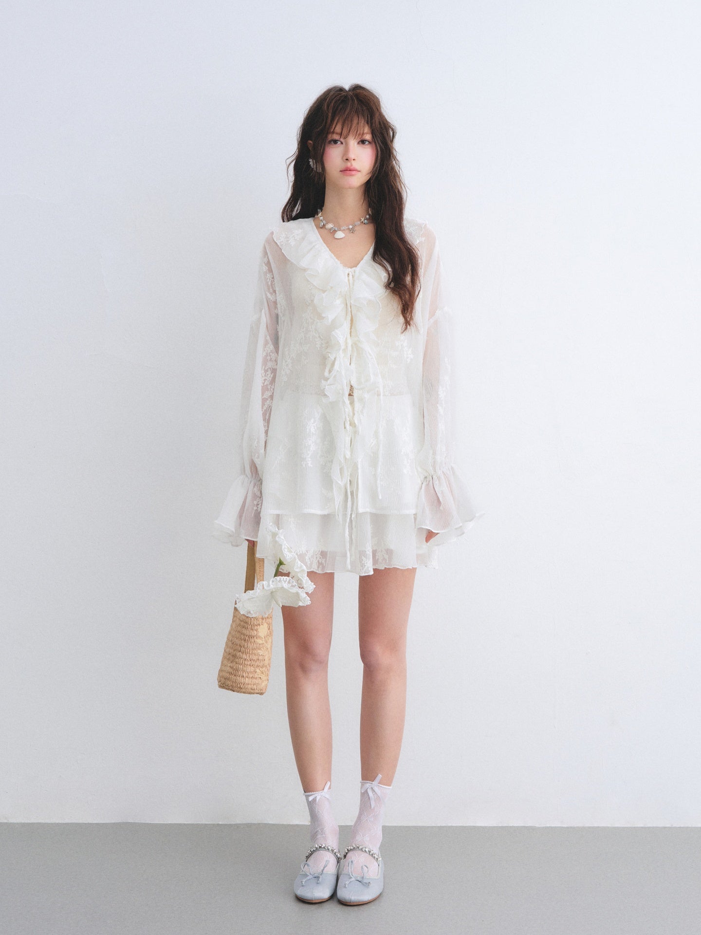 AsGony ASG26015&amp;ASG26016 Chiffon pleated embroidered ruffle edge shirt + skirt