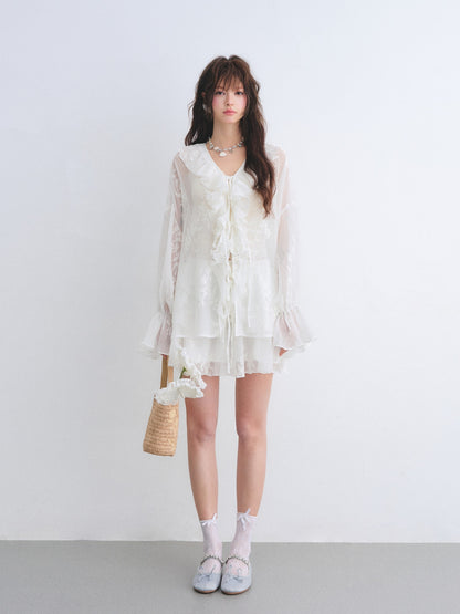 AsGony ASG26015&amp;ASG26016 Chiffon pleated embroidered ruffle edge shirt + skirt