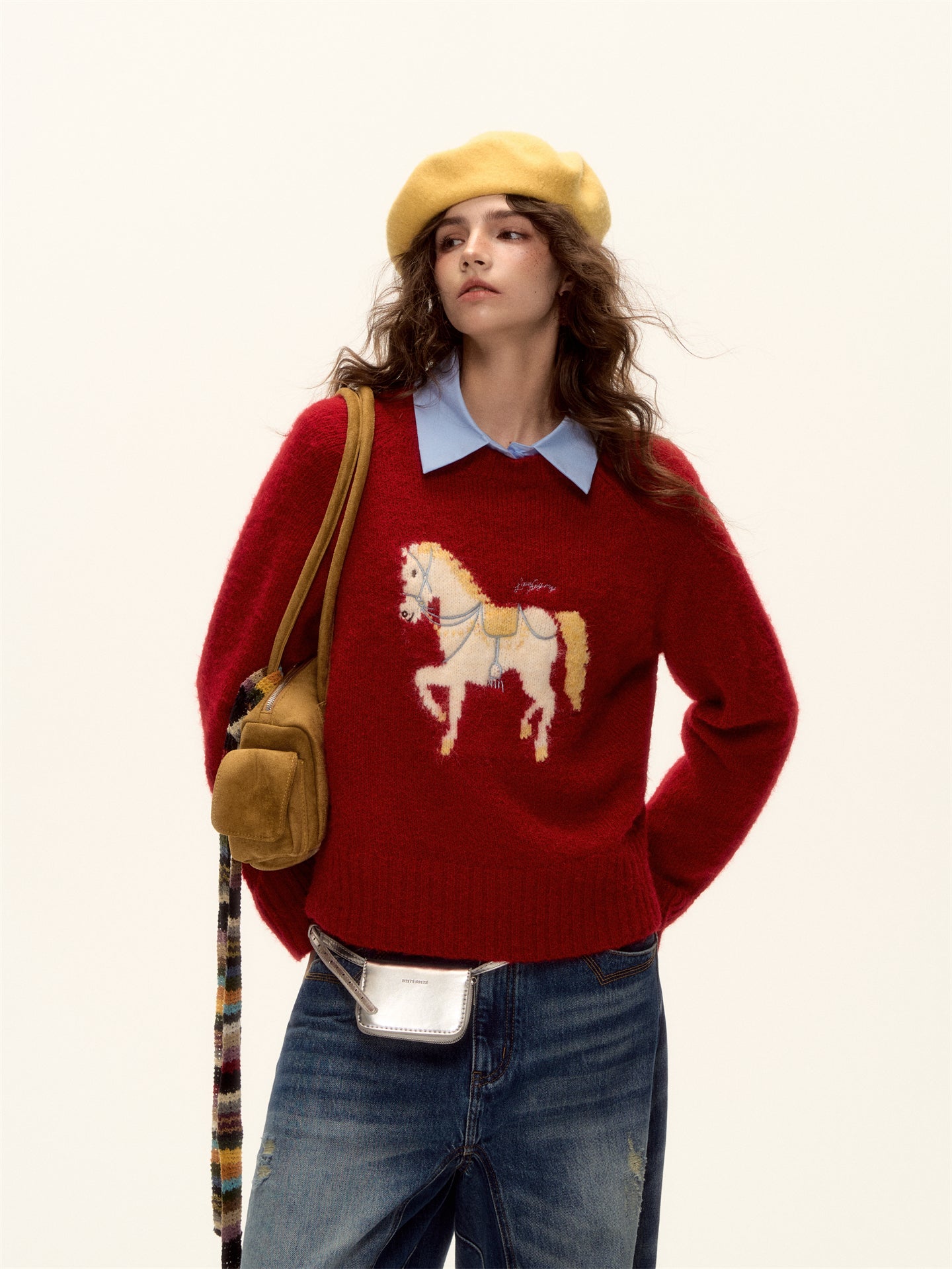 AsGony ASG25480 Wool pony jacquard embroidered round neck sweater