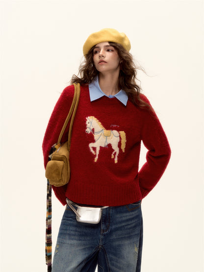 AsGony ASG25480 Wool pony jacquard embroidered round neck sweater