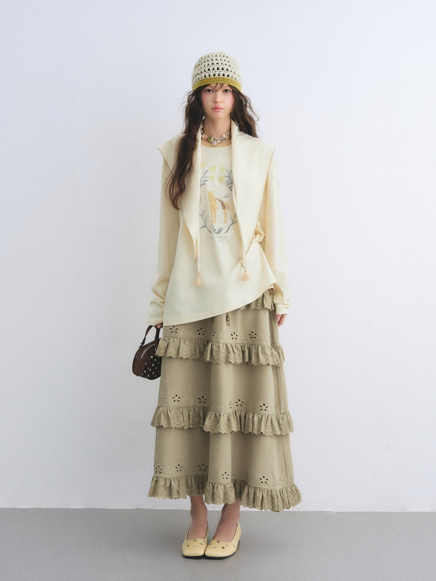 AsGony ASG26025 Triangle shawl pony print T-shirt two-piece set