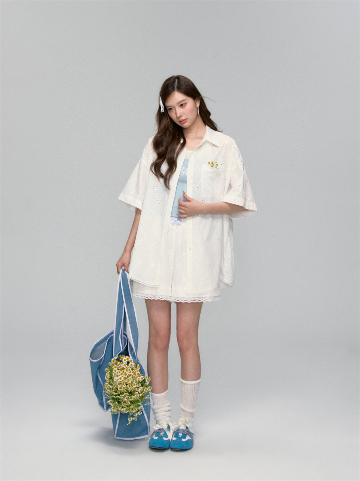 AsGony ASG25114&amp;ASG25115 Cotton loose short sleeved shirt + shorts set (seperate)