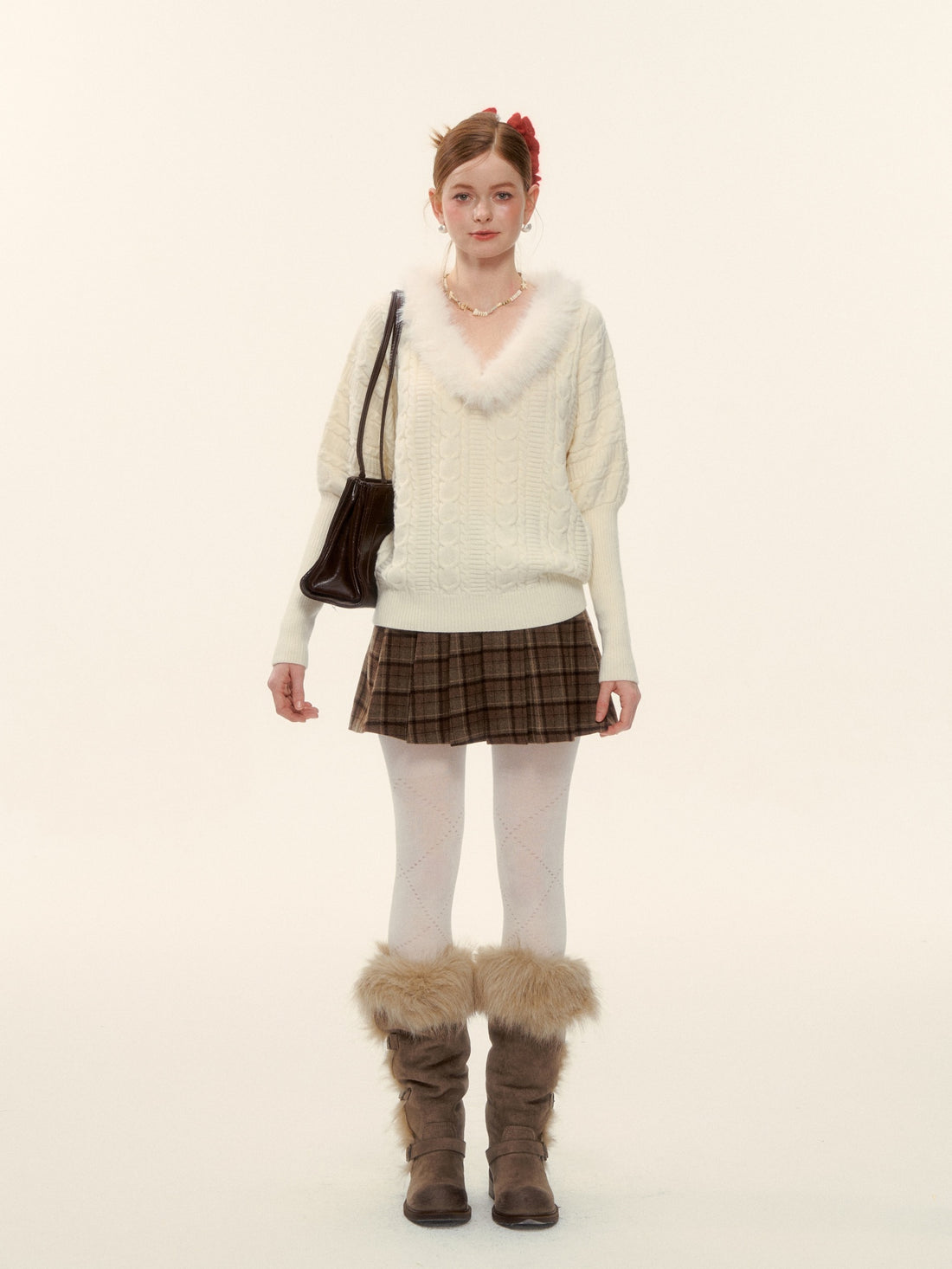 AsGony ASG25627 V-neck wool strip twisted flower sheep leg sleeve knitted sweater