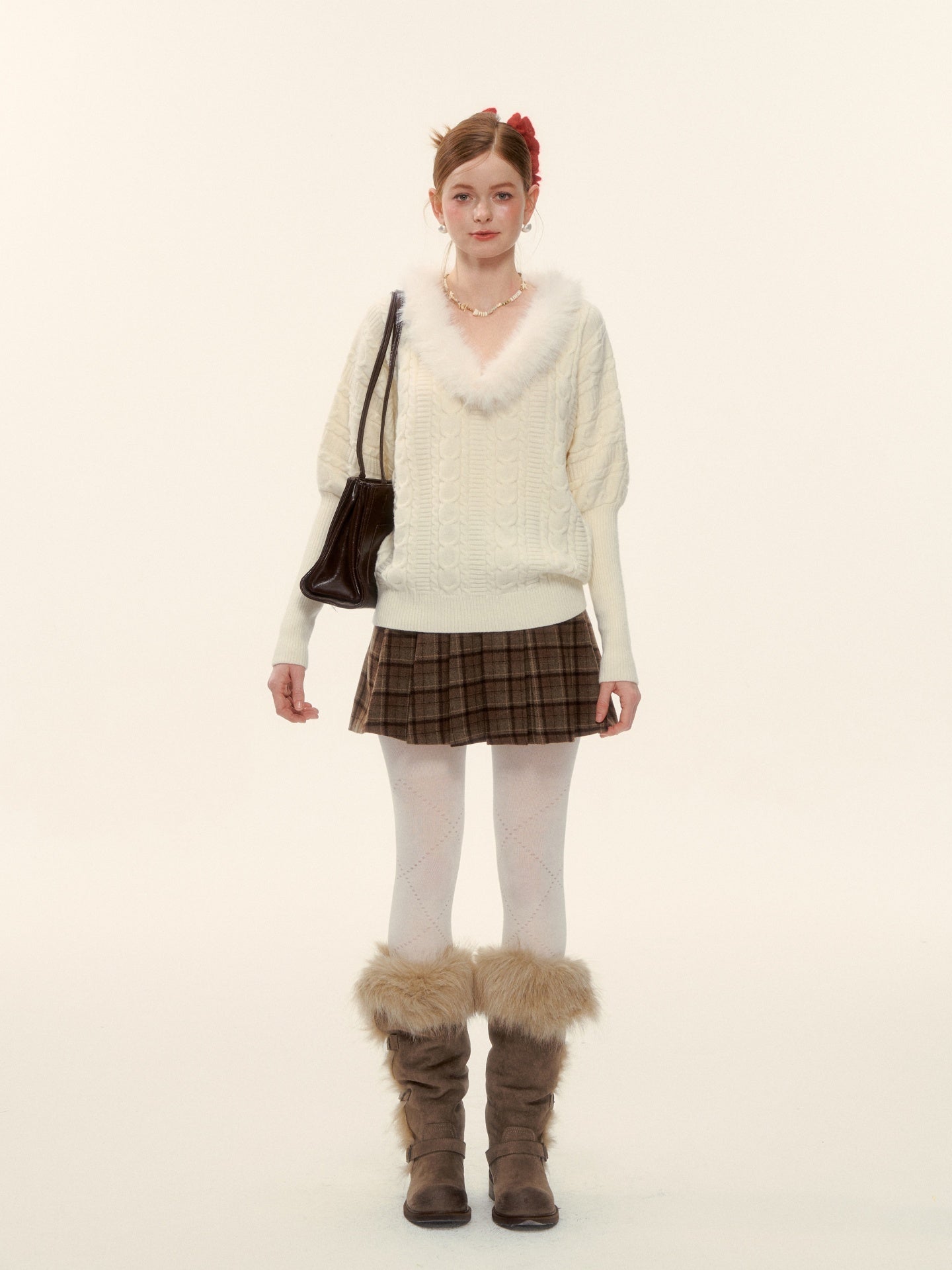 AsGony ASG25627 V-neck wool strip twisted flower sheep leg sleeve knitted sweater