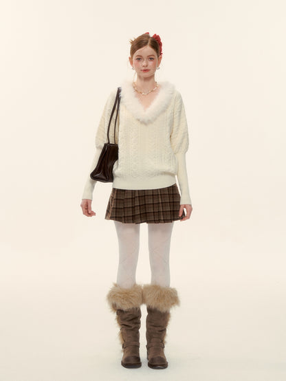 AsGony ASG25627 V-neck wool strip twisted flower sheep leg sleeve knitted sweater