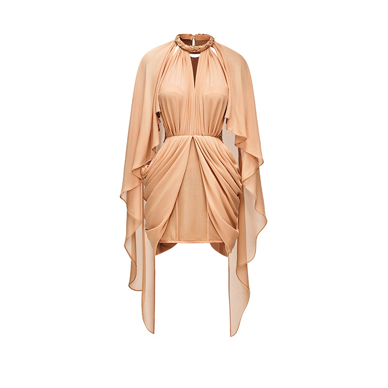 SHEERLUCK SLLYQ25301 Halter neck shawl retro pleated dress