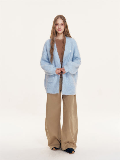 16DEWS 16D25412 Fluffy fur long sleeved V-neck knitted cardigan