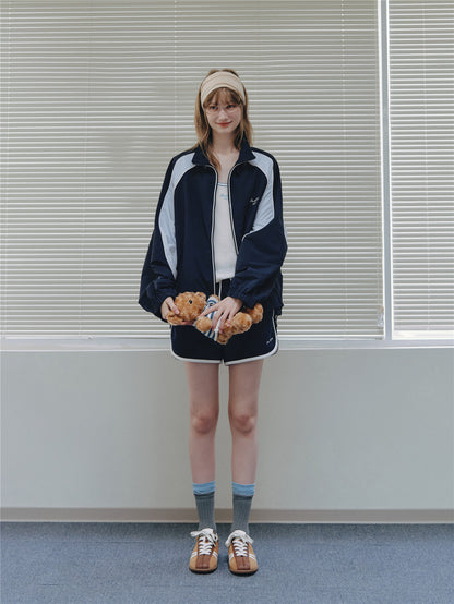 Asgony ASG26545 Contrast Patchwork Stand Collar Drawstring Sports Jacket