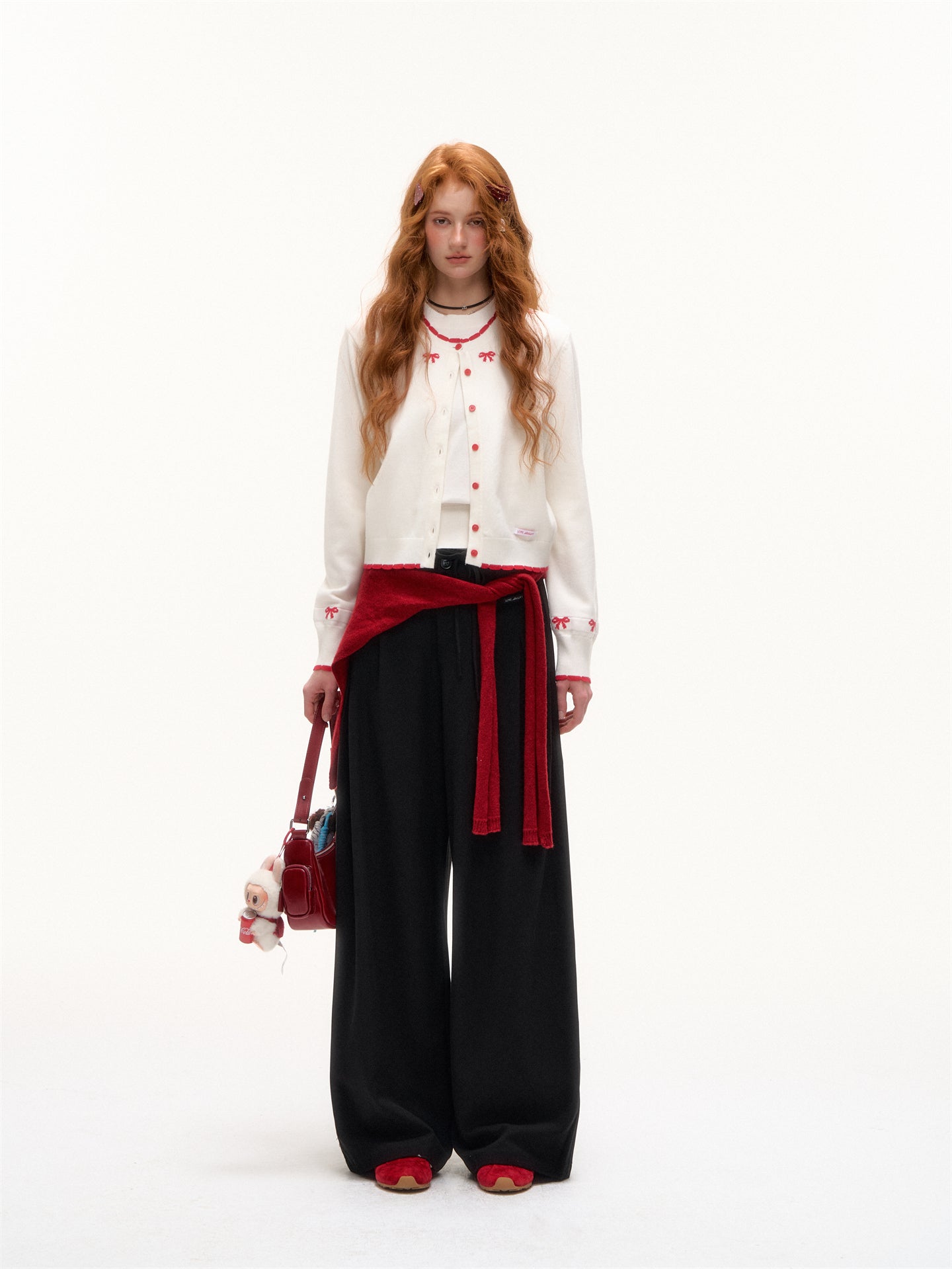 AsGony ASG25379 Fake two piece knot jacquard contrasting knitted cardigan