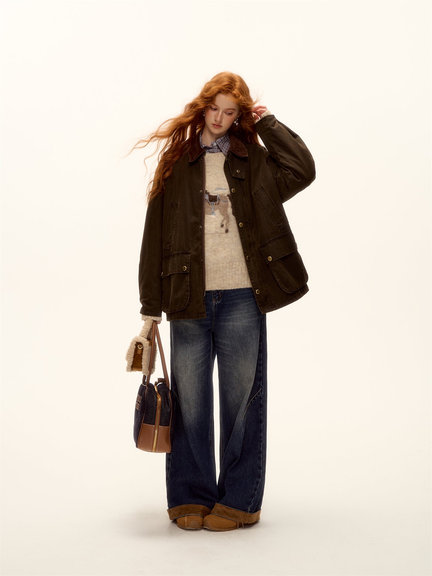 AsGony ASG25494 Plaid corduroy spliced cotton jacket