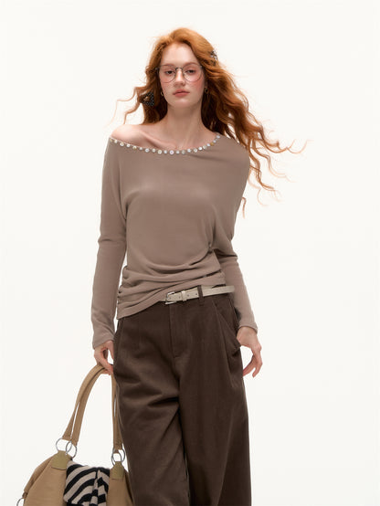 AsGony ASG25374 Off shoulder shell mother decoration long sleeved base top