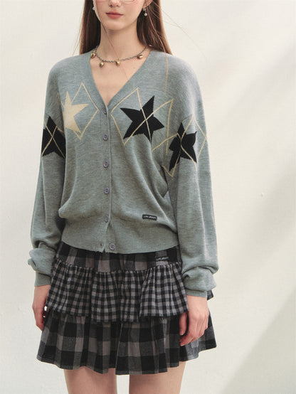 AsGony ASG25292 Star diamond grid jacquard knitted cardigan