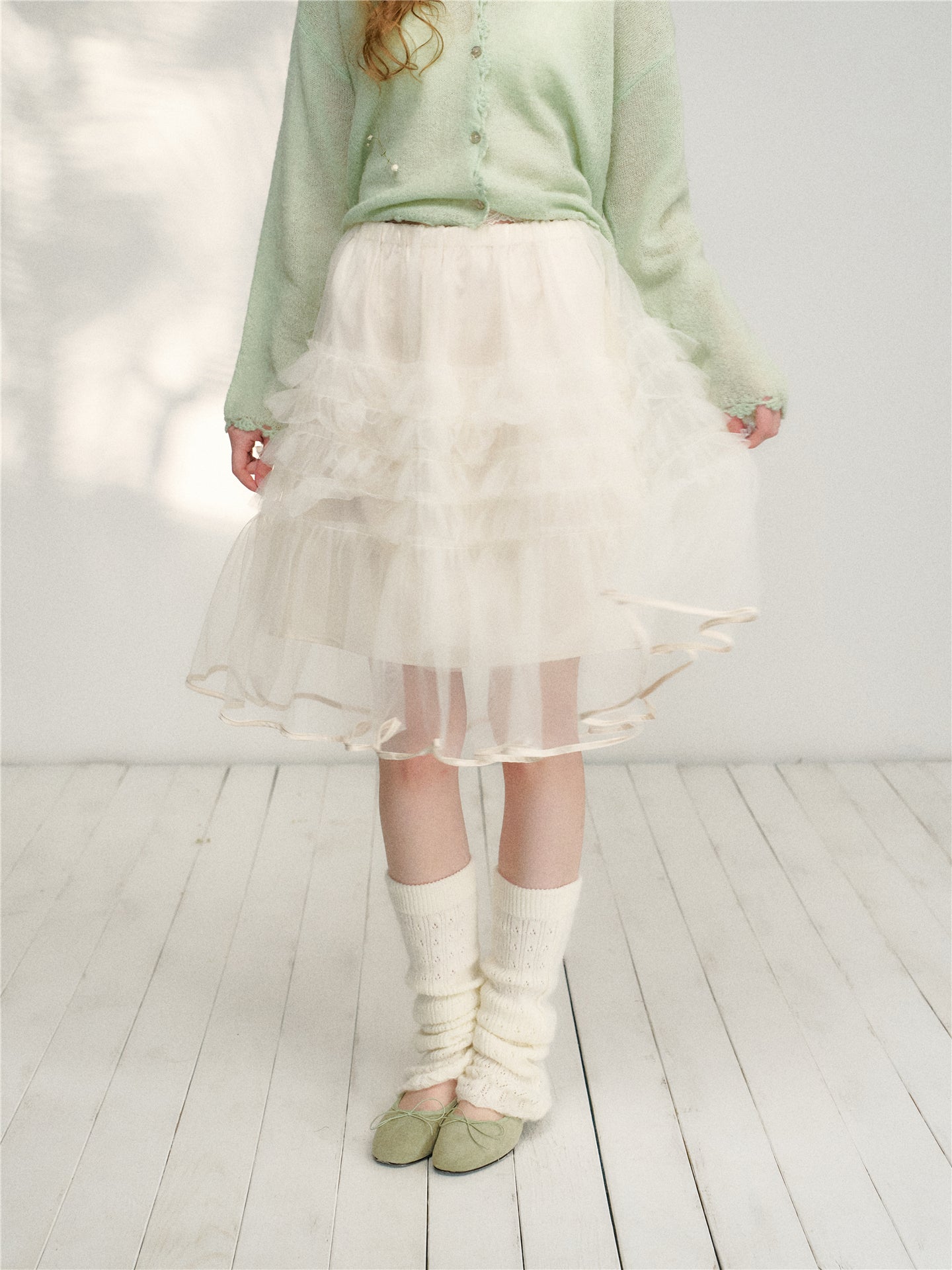 16DEWS 16D26125 High waisted A-line mesh cake skirt