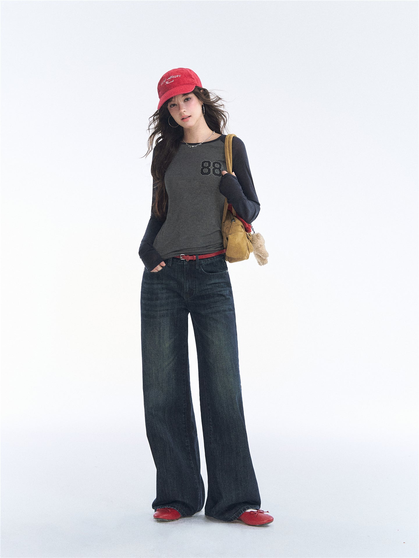 Asgony ASG26543 Crew Neck Contrast Slim Raglan Sleeve Top