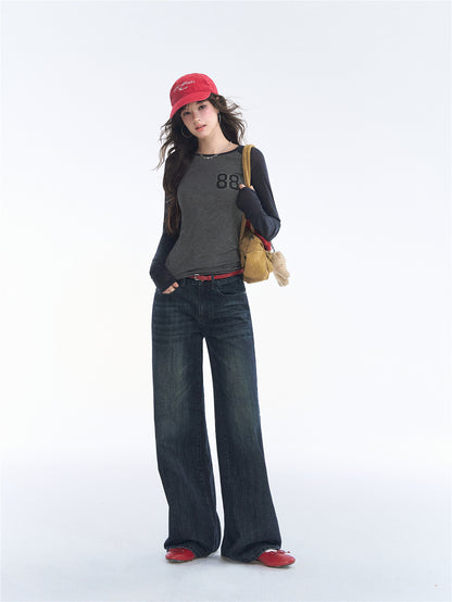 Asgony ASG26543 Crew Neck Contrast Slim Raglan Sleeve Top