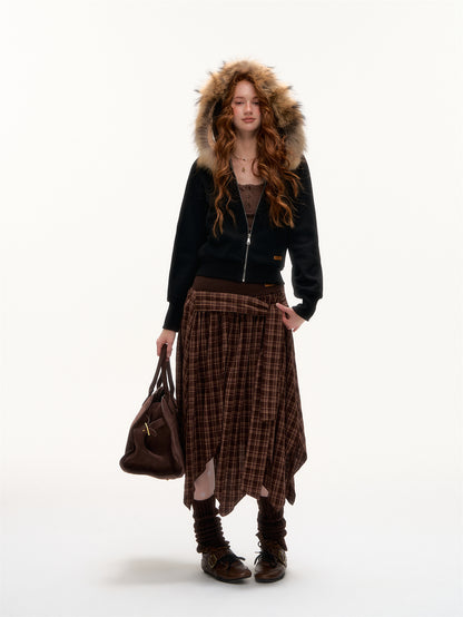 AsGony ASG25412 Off shoulder checkered spliced cross sweater