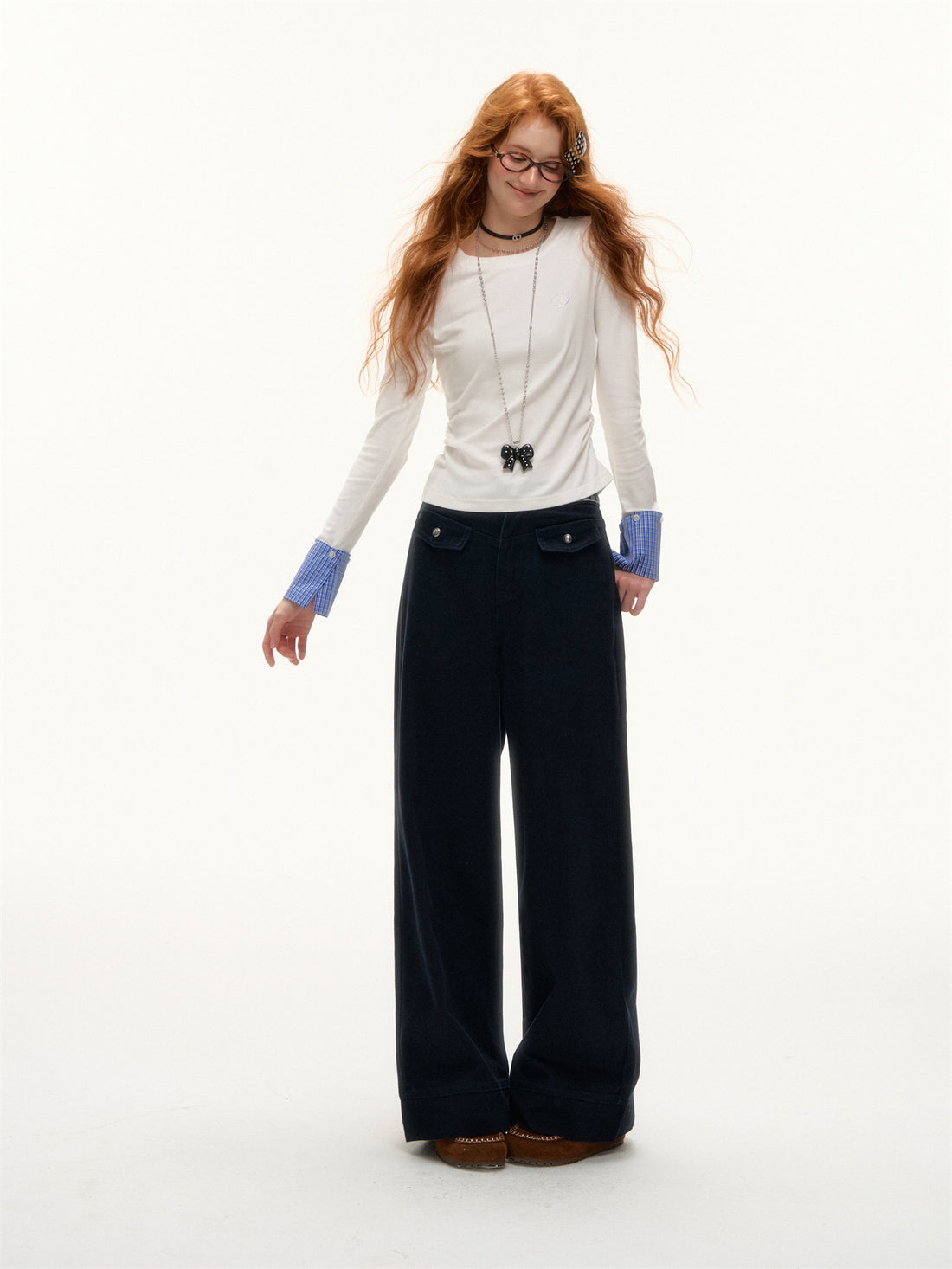 AsGony ASG25387 Detachable plaid round neck bottom top with detachable cuffs