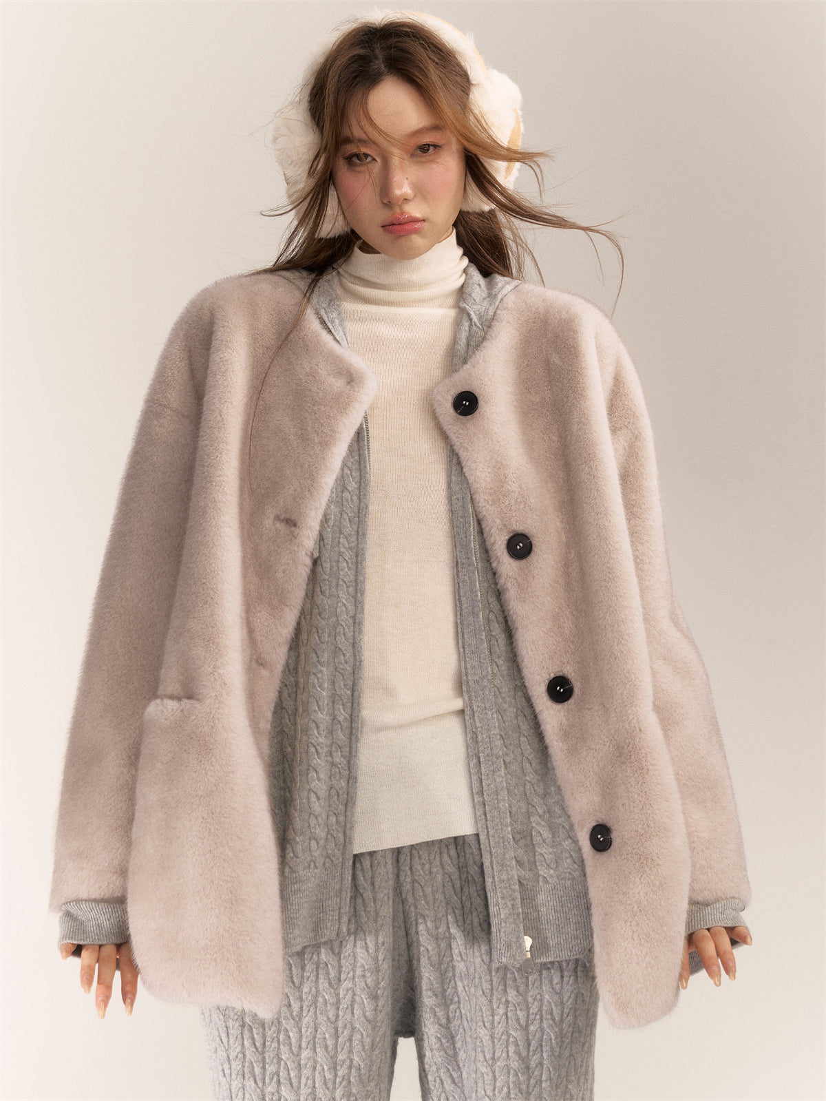 AsGony ASG24640 Mock mink fur casual coat