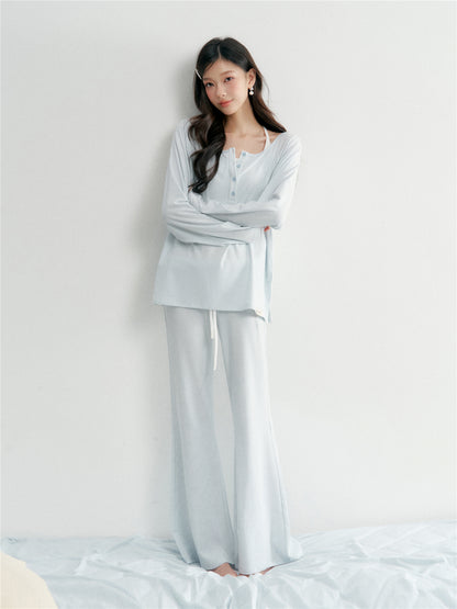 16DEWS 16D26028&amp;16D26029&amp;16D26030 Striped round neck top+tank top+micro flared casual pants