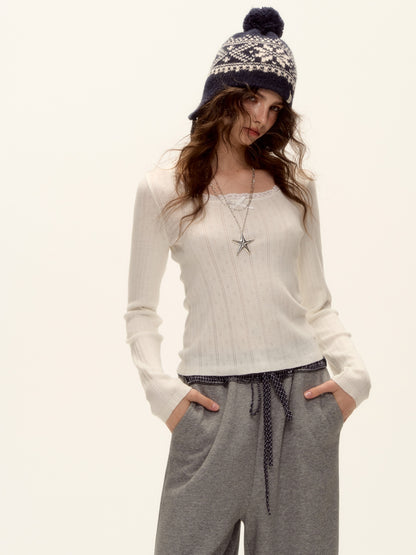 AsGony ASG25483 U-neck lace bow hollow knitting base top