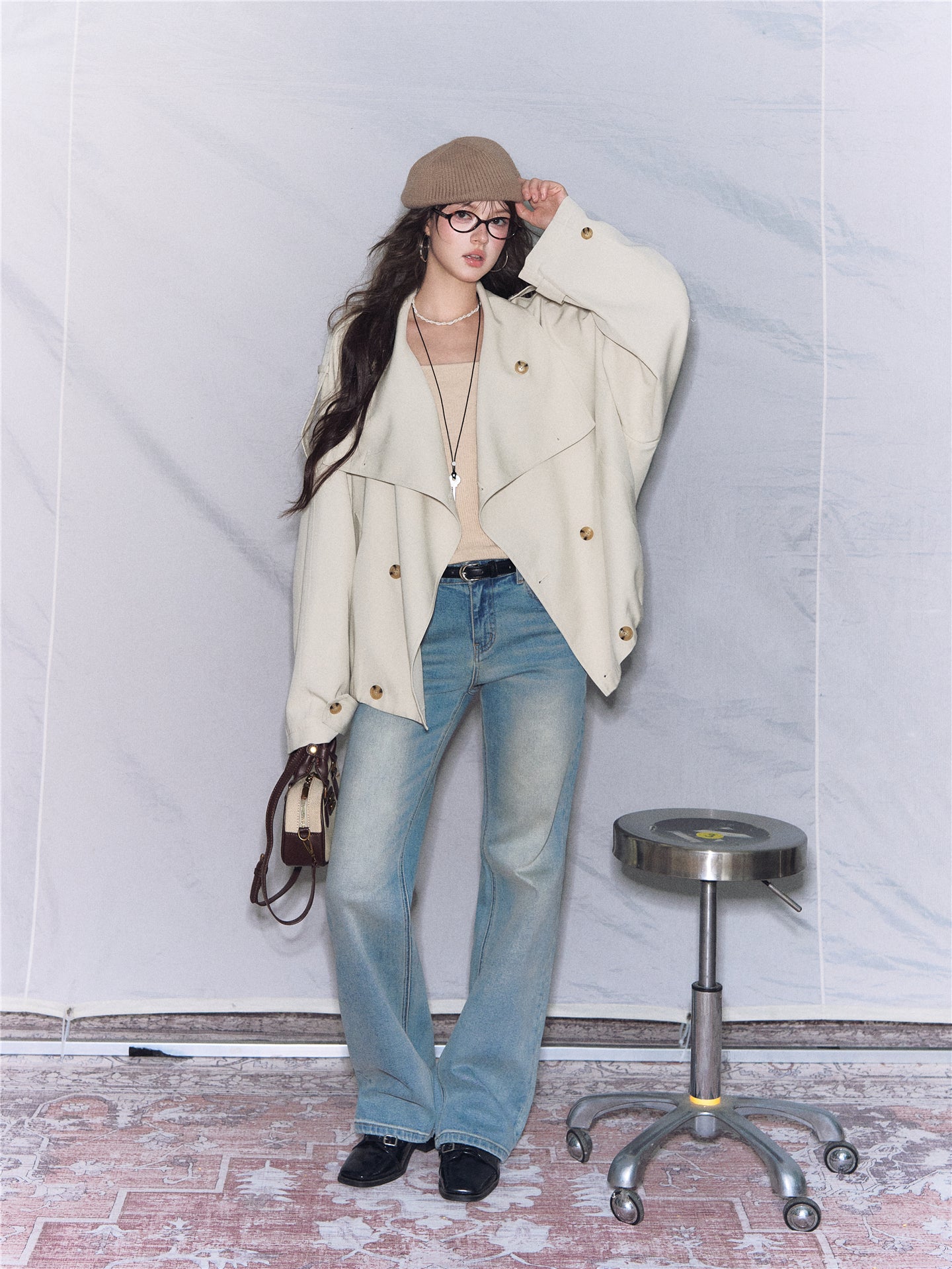 Asgony ASG26527 Oversized Collar Relaxed Button Trench Jacket