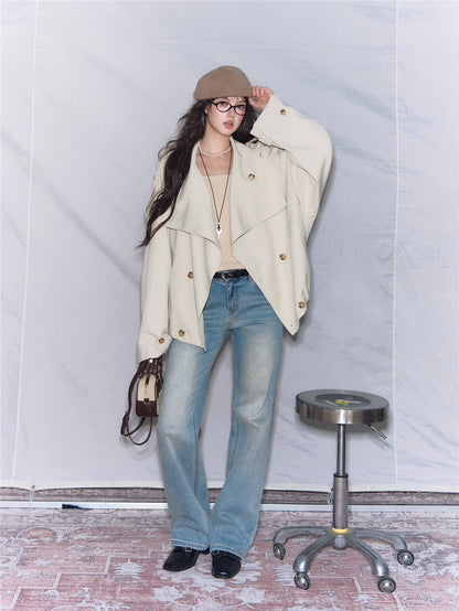 Asgony ASG26527 Oversized Collar Relaxed Button Trench Jacket