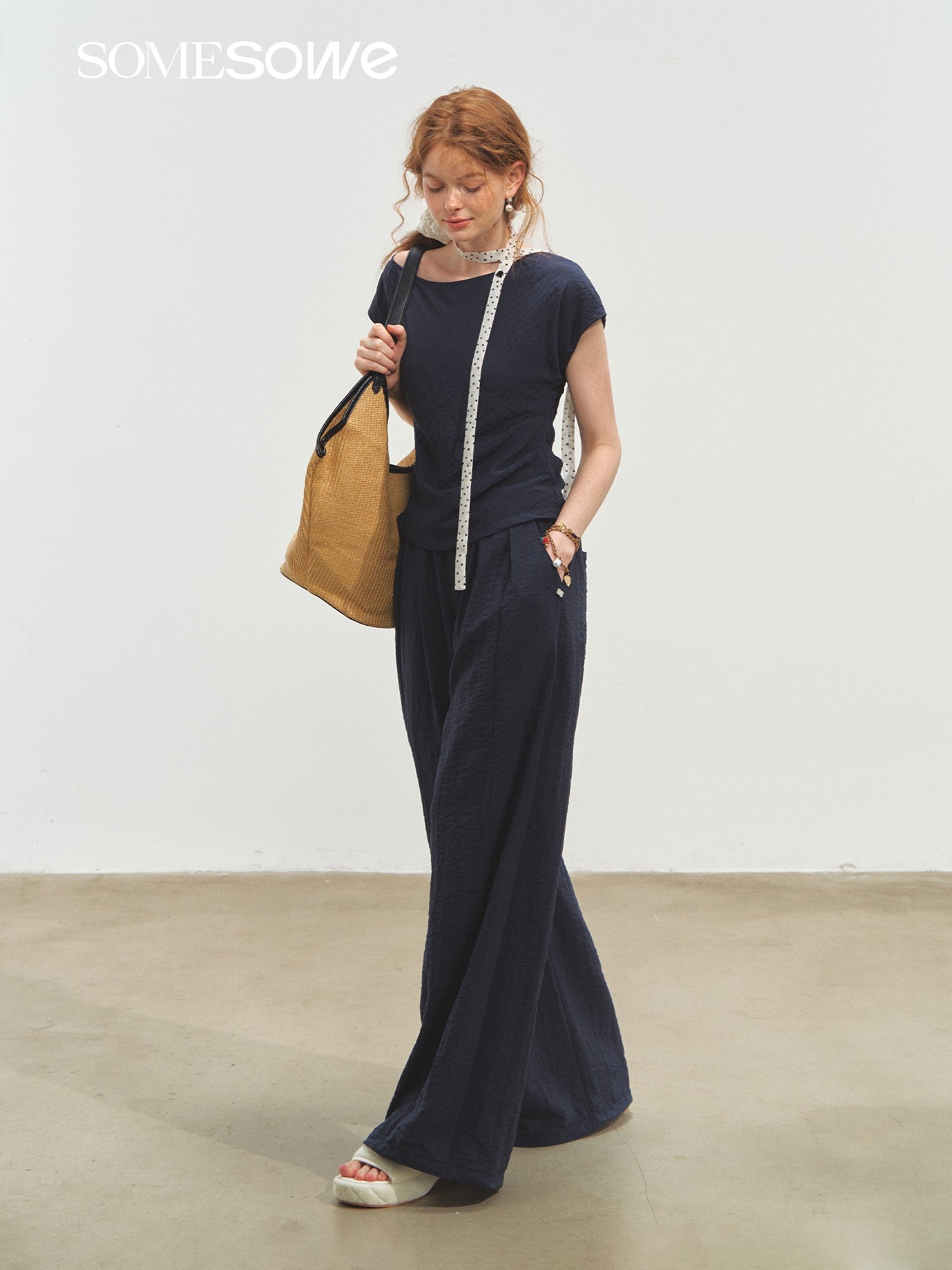 SOMESOWE S2508171&amp;S2508172 One-shoulder polka dot tie top + pants set